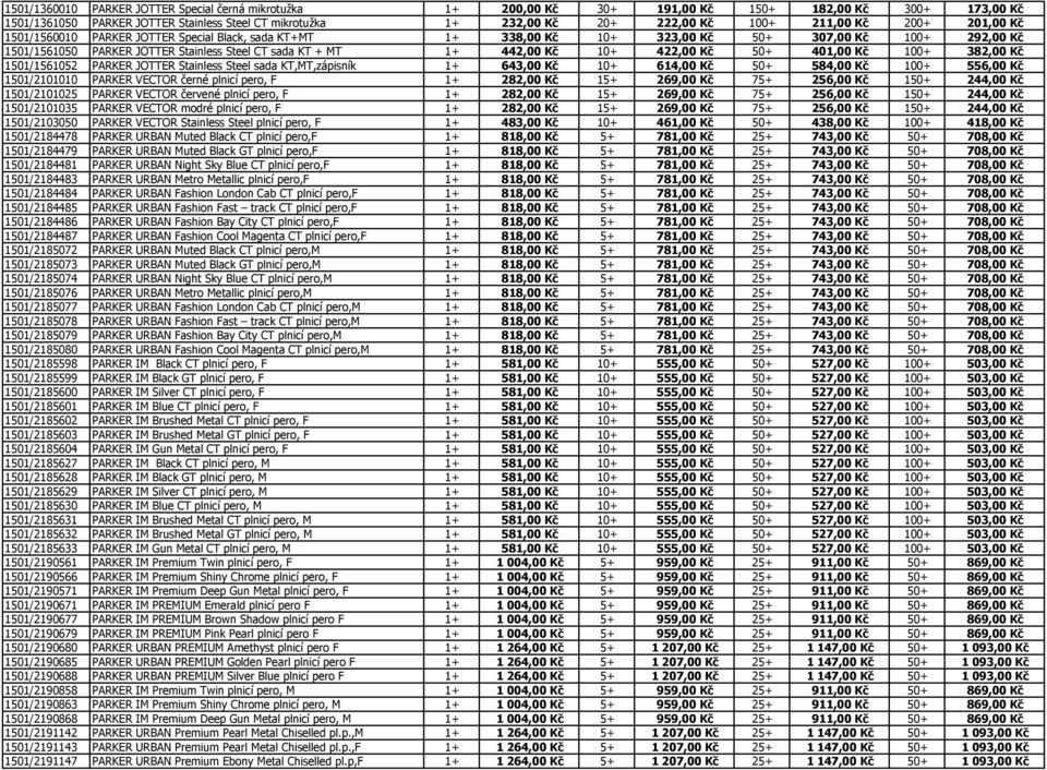 442,00 Kč 10+ 422,00 Kč 50+ 401,00 Kč 100+ 382,00 Kč 1501/1561052 PARKER JOTTER Stainless Steel sada KT,MT,zápisník 1+ 643,00 Kč 10+ 614,00 Kč 50+ 584,00 Kč 100+ 556,00 Kč 1501/2101010 PARKER VECTOR