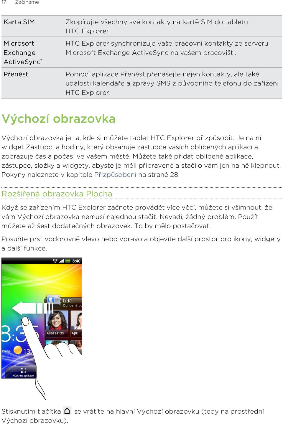 Pomocí aplikace Přenést přenášejte nejen kontakty, ale také události kalendáře a zprávy SMS z původního telefonu do zařízení HTC Explorer.