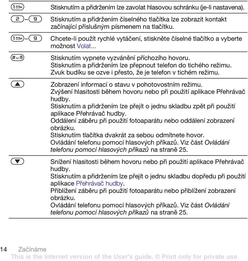 Zvuk budíku se ozve i přesto, že je telefon v tichém režimu. Zobrazení informací o stavu v pohotovostním režimu. Zvýšení hlasitosti během hovoru nebo při použití aplikace Přehrávač hudby.