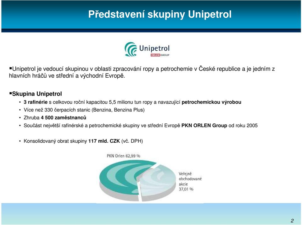 Skupina Unipetrol 3 rafinérie s celkovou roční kapacitou 5,5 milionu tun ropy a navazující petrochemickou výrobou Více než 330