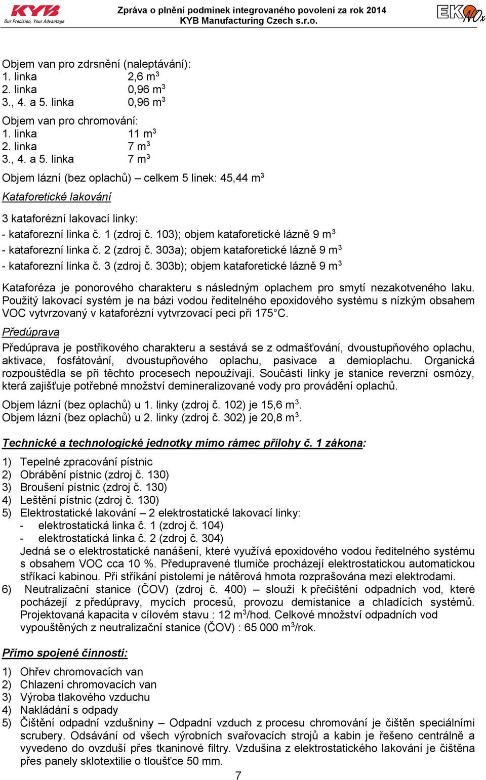 linka 7 m 3 Objem lázní (bez oplachů) celkem 5 linek: 45,44 m 3 Kataforetické lakování 3 kataforézní lakovací linky: kataforezní linka č. 1 (zdroj č.