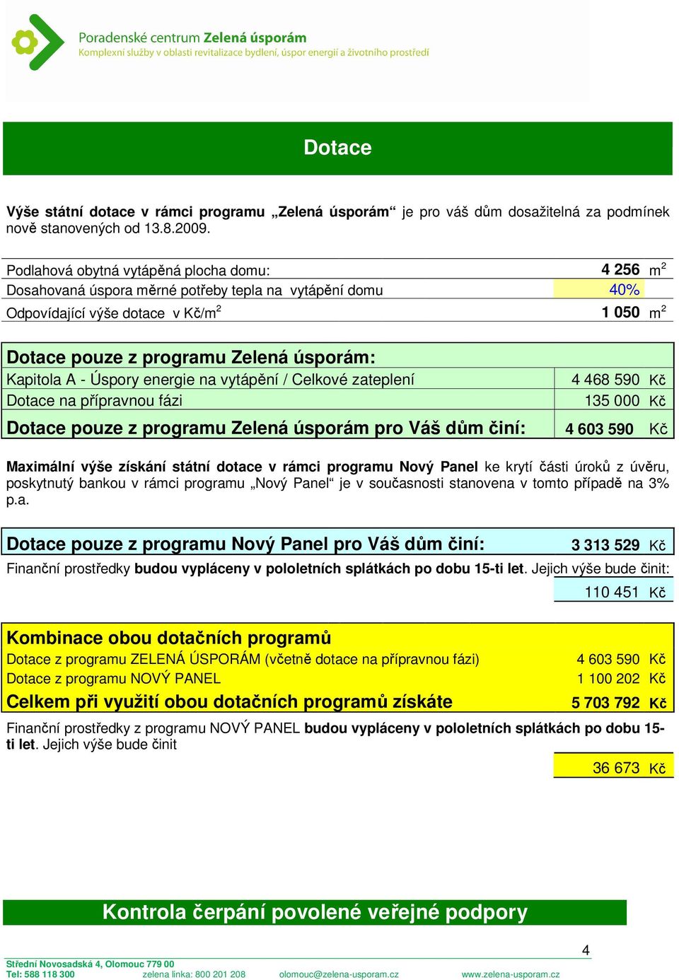 Kapitola A - Úspory energie na vytápění / Celkové zateplení Dotace na přípravnou fázi Dotace pouze z programu Zelená úsporám pro Váš dům činí: 4 468 590 Kč 135 000 Kč 4 603 590 Kč Maximální výše