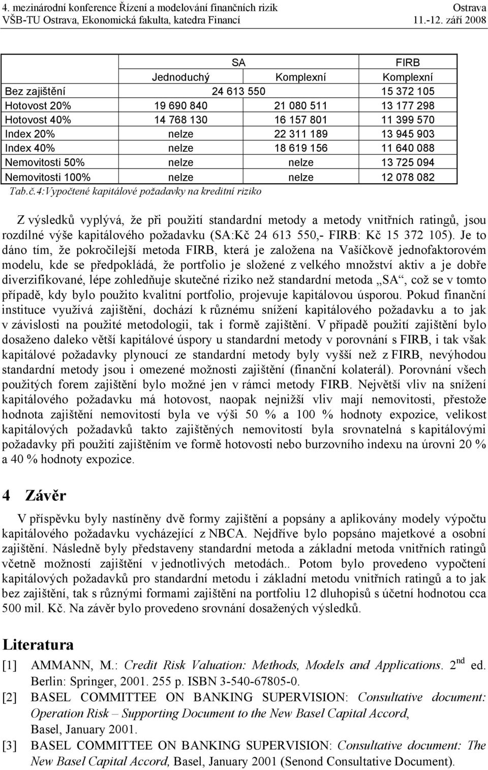 4:Vypočtené kapitálové požadavky na kreditní riziko Z výsledků vyplývá, že při použití standardní metody a metody vnitřních ratingů, jsou rozdílné výše kapitálového požadavku (SA:Kč 24 613 550,-