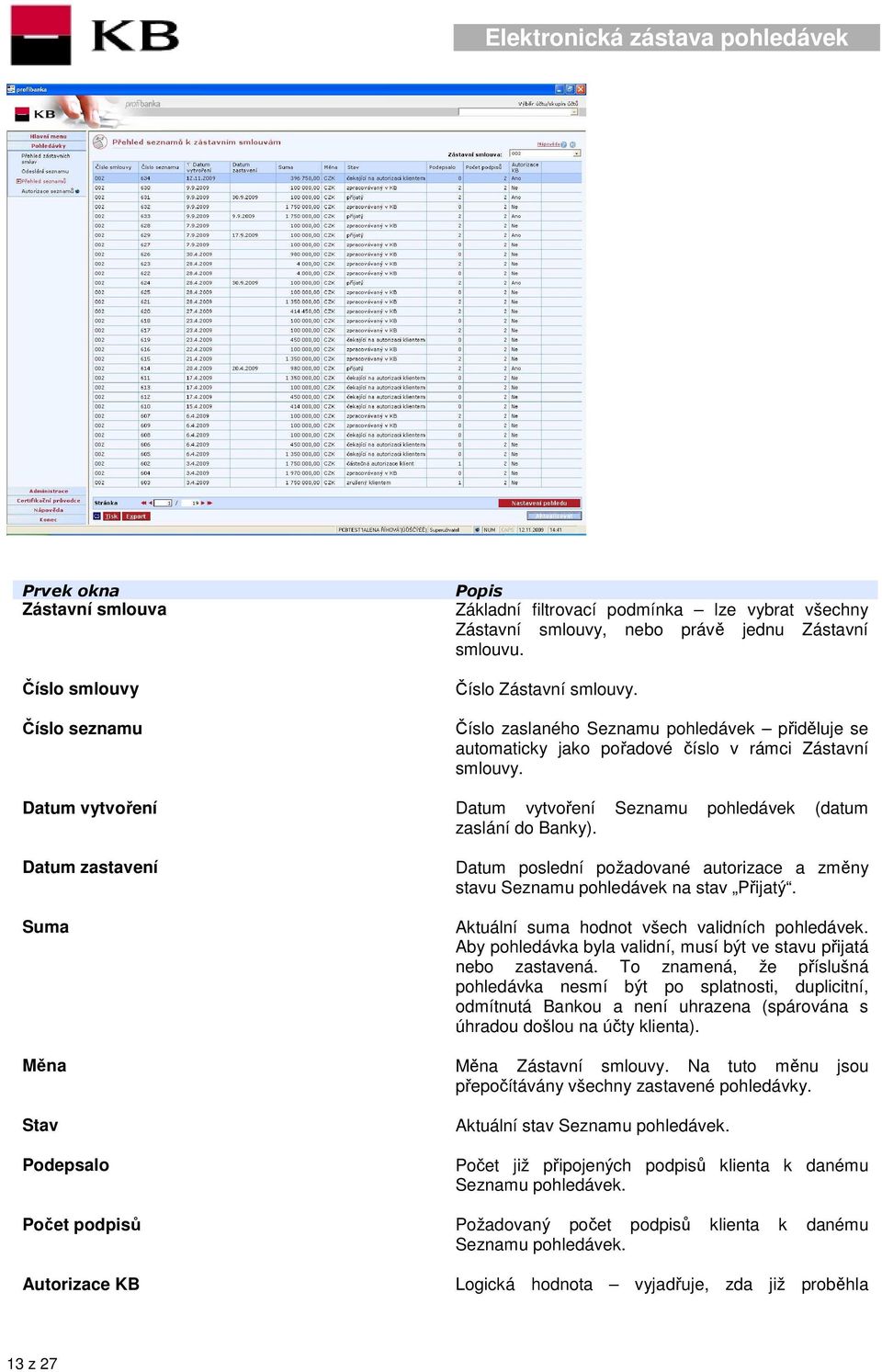 Datum zastavení Suma Datum poslední požadované autorizace a změny stavu Seznamu pohledávek na stav Přijatý. Aktuální suma hodnot všech validních pohledávek.