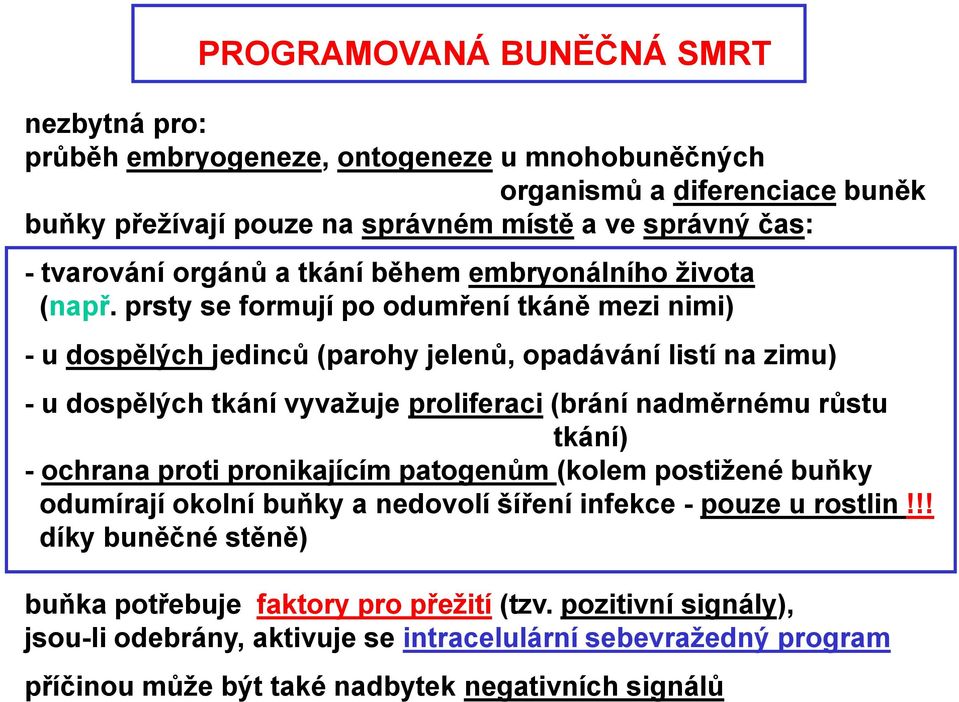 prsty se formují po odumření tkáně mezi nimi) - u dospělých jedinců (parohy jelenů, opadávání listí na zimu) - u dospělých tkání vyvažuje proliferaci (brání nadměrnému růstu tkání) -