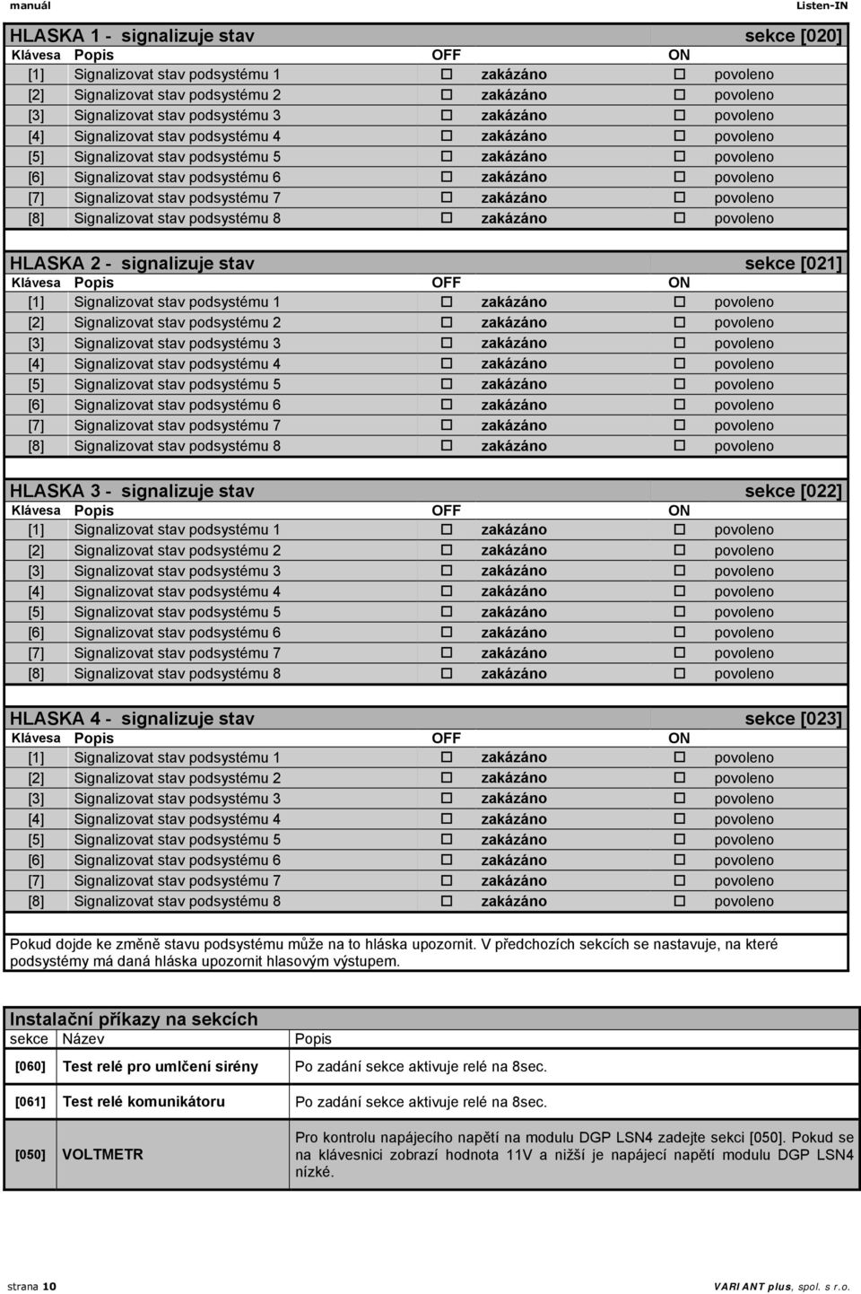 podsystému 7 zakázáno povoleno [8] Signalizovat stav podsystému 8 zakázáno povoleno HLASKA 2 - signalizuje stav sekce [021] [1] Signalizovat stav podsystému 1 zakázáno povoleno [2] Signalizovat stav