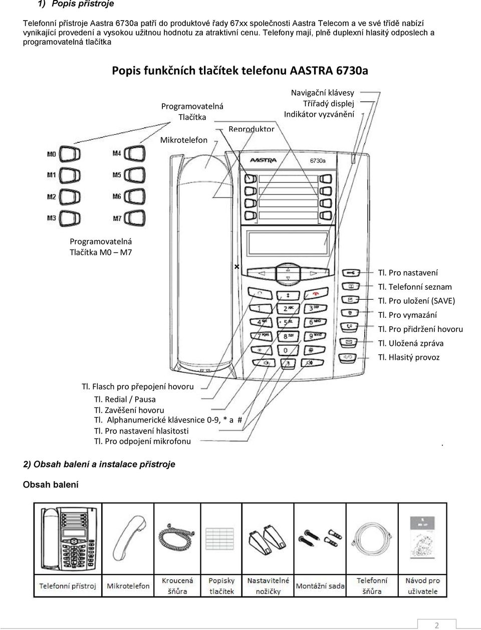 displej Indikátor vyzvánění Programovatelná Tlačítka M0 M7 Tl. Pro nastavení Tl. Telefonní seznam Tl. Pro uložení (SAVE) Tl. Pro vymazání Tl. Pro přidržení hovoru Tl. Uložená zpráva Tl.