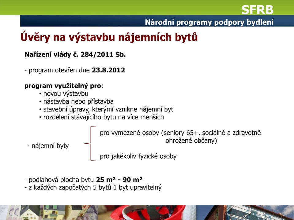 2012 program využitelný pro: novou výstavbu nástavba nebo přístavba stavební úpravy, kterými vznikne nájemní byt
