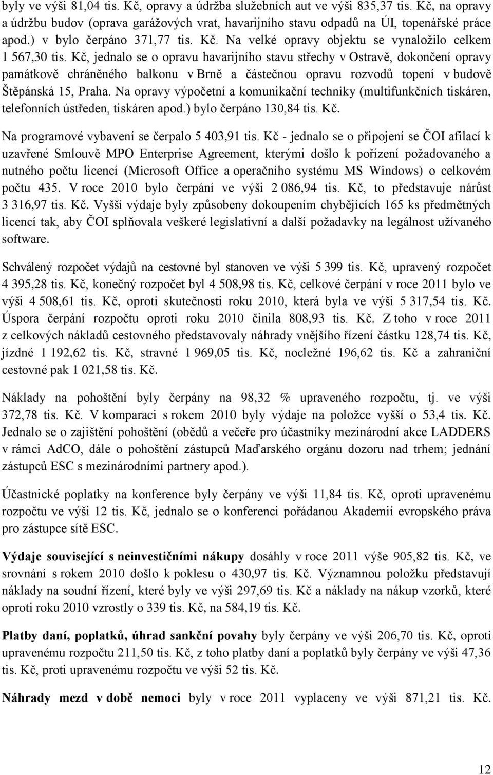 Kč, jednalo se o opravu havarijního stavu střechy v Ostravě, dokončení opravy památkově chráněného balkonu v Brně a částečnou opravu rozvodů topení v budově Štěpánská 15, Praha.