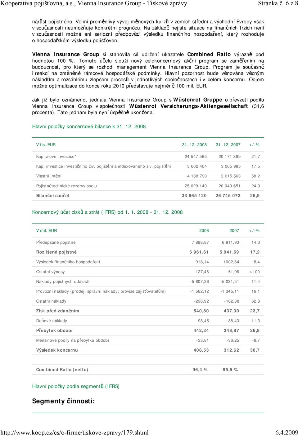 Vienna Insurance Group si stanovila cíl udržení ukazatele Combined Ratio výrazně pod hodnotou 100 %.