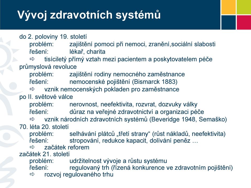 rodiny nemocného zaměstnance řešení: nemocenské pojištění (Bismarck 1883) vznik nemocenských pokladen pro zaměstnance po II.