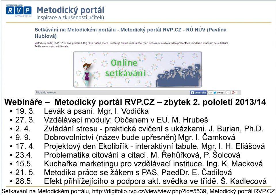 Čamková Projektový den Ekolibřík - interaktivní tabule. Mgr. I. H. Eliášová Problematika citování a citací. M. Řehůřková, P. Šolcová Kuchařka marketingu pro vzdělávací instituce.