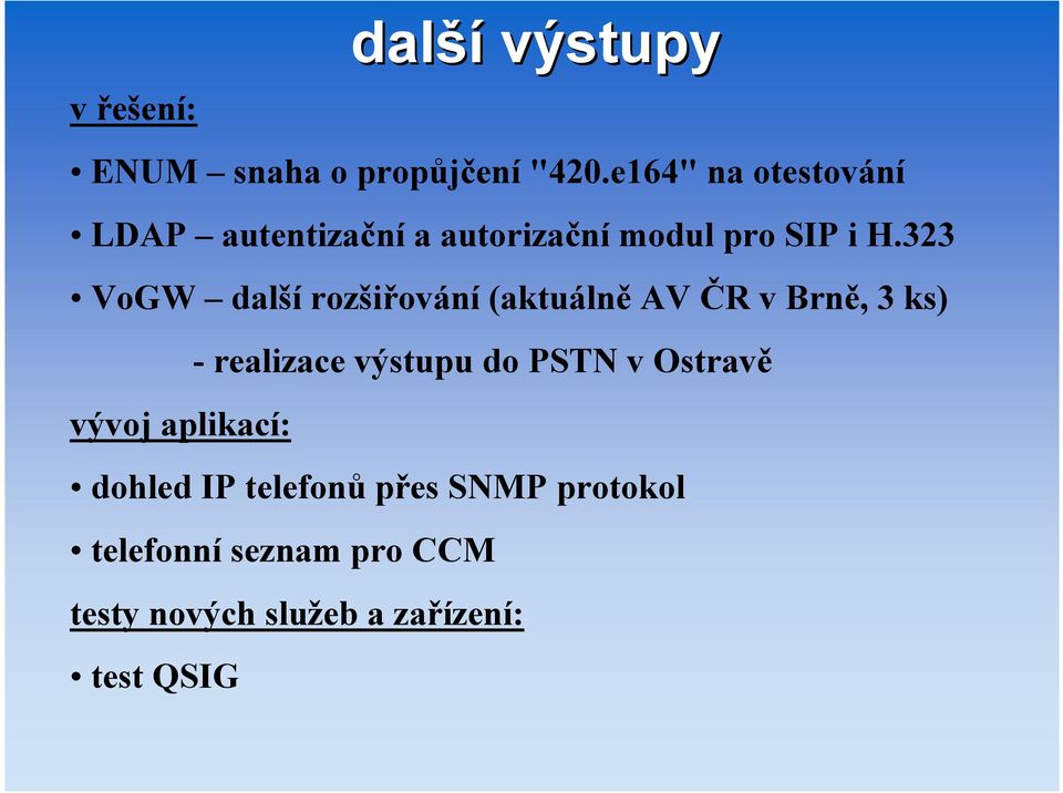 323 VoGW dalšírozšiřování (aktuálně AV ČR v Brně, 3 ks) vývoj aplikací: -realizace