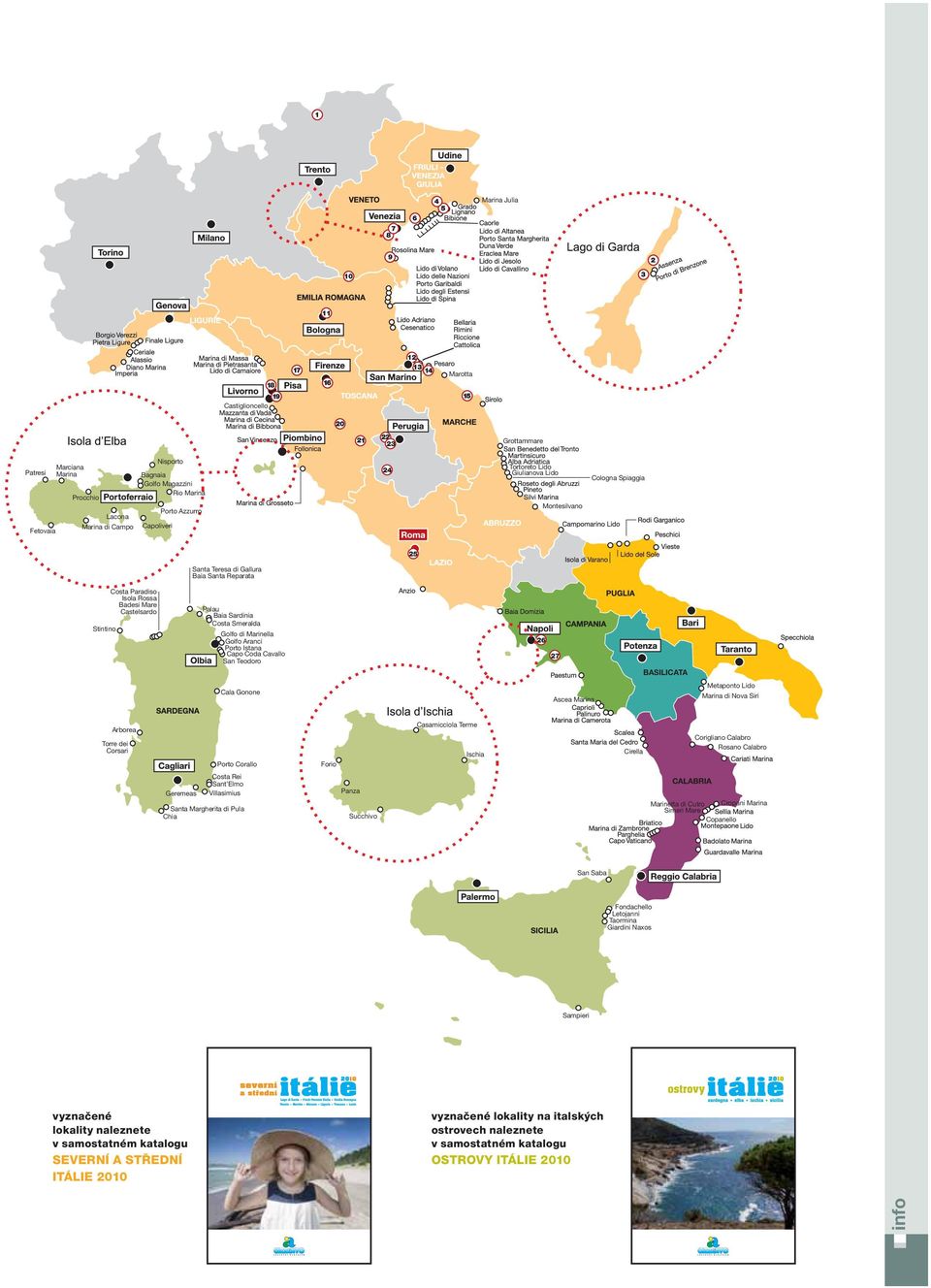 vyznačené lokality na italských ostrovech