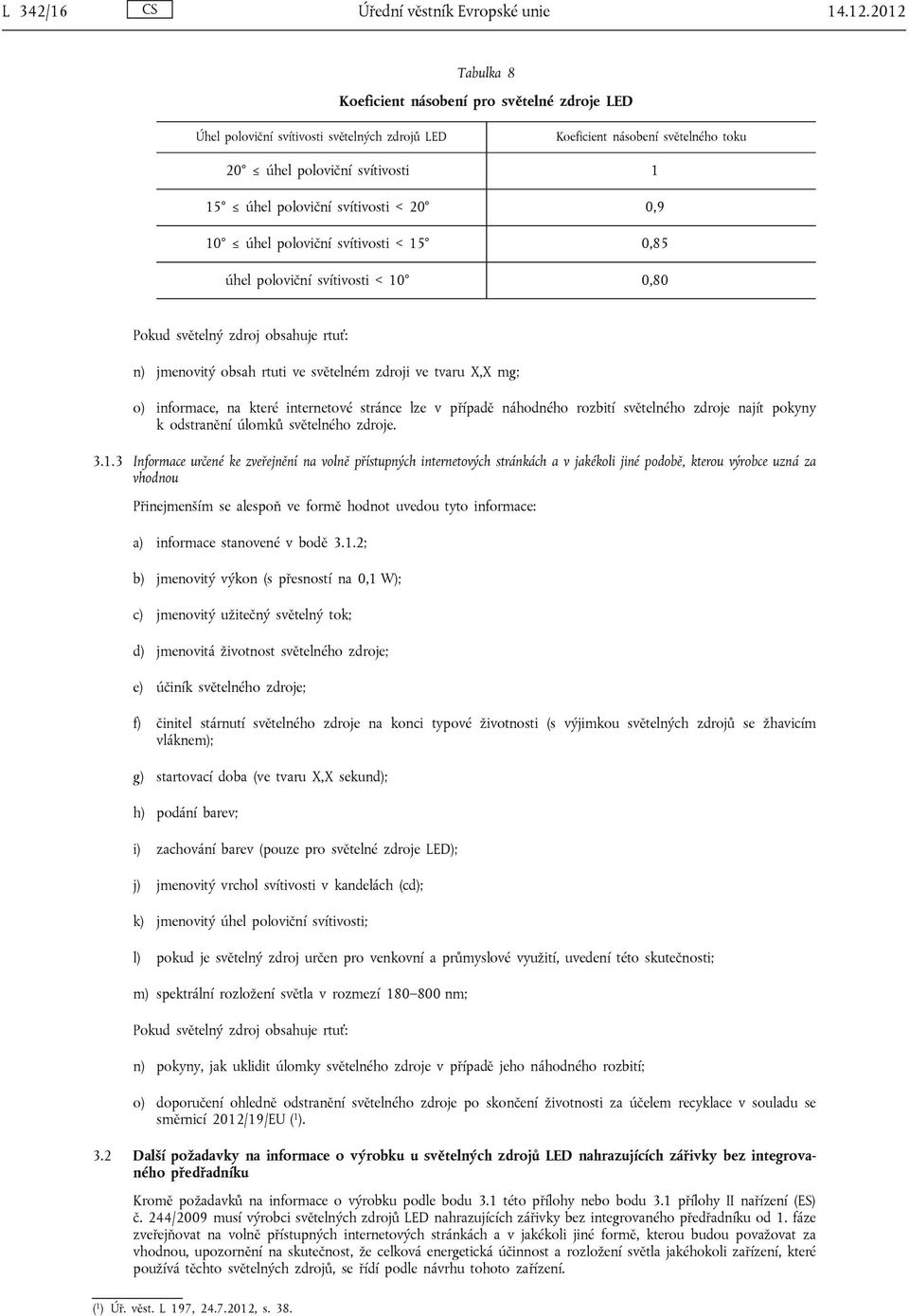 svítivosti < 20 0,9 10 úhel poloviční svítivosti < 15 0,85 úhel poloviční svítivosti < 10 0,80 Pokud světelný zdroj obsahuje rtuť: n) jmenovitý obsah rtuti ve světelném zdroji ve tvaru X,X mg; o)