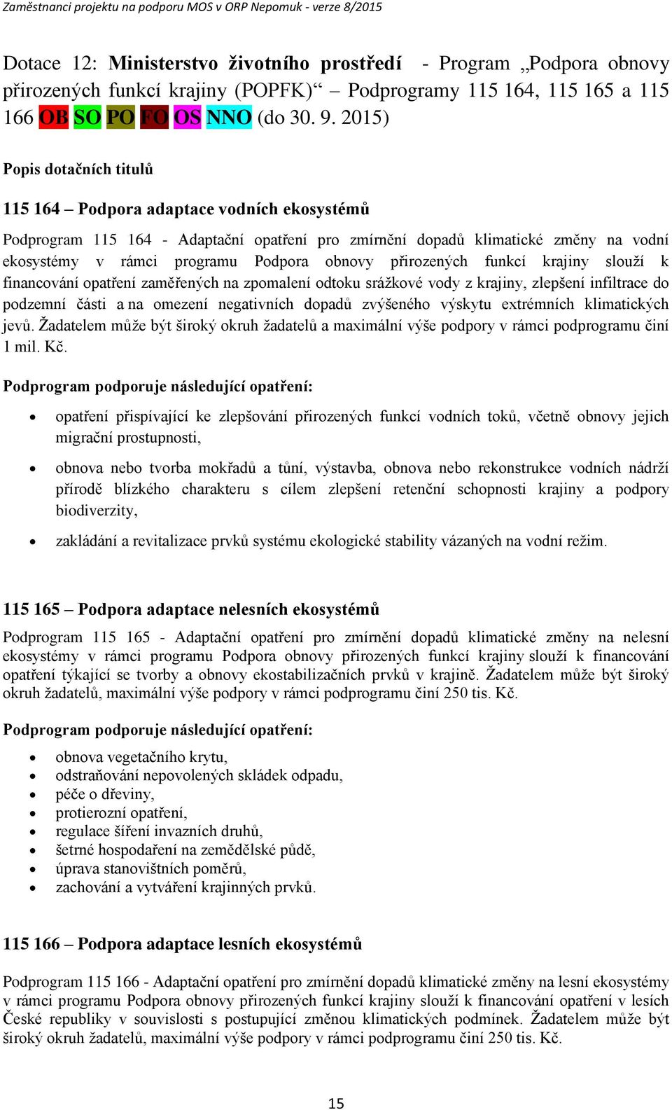 2015) Ppis dtačních titulů 115 164 Pdpra adaptace vdních eksystémů Pdprgram 115 164 - Adaptační patření pr zmírnění dpadů klimatické změny na vdní eksystémy v rámci prgramu Pdpra bnvy přirzených