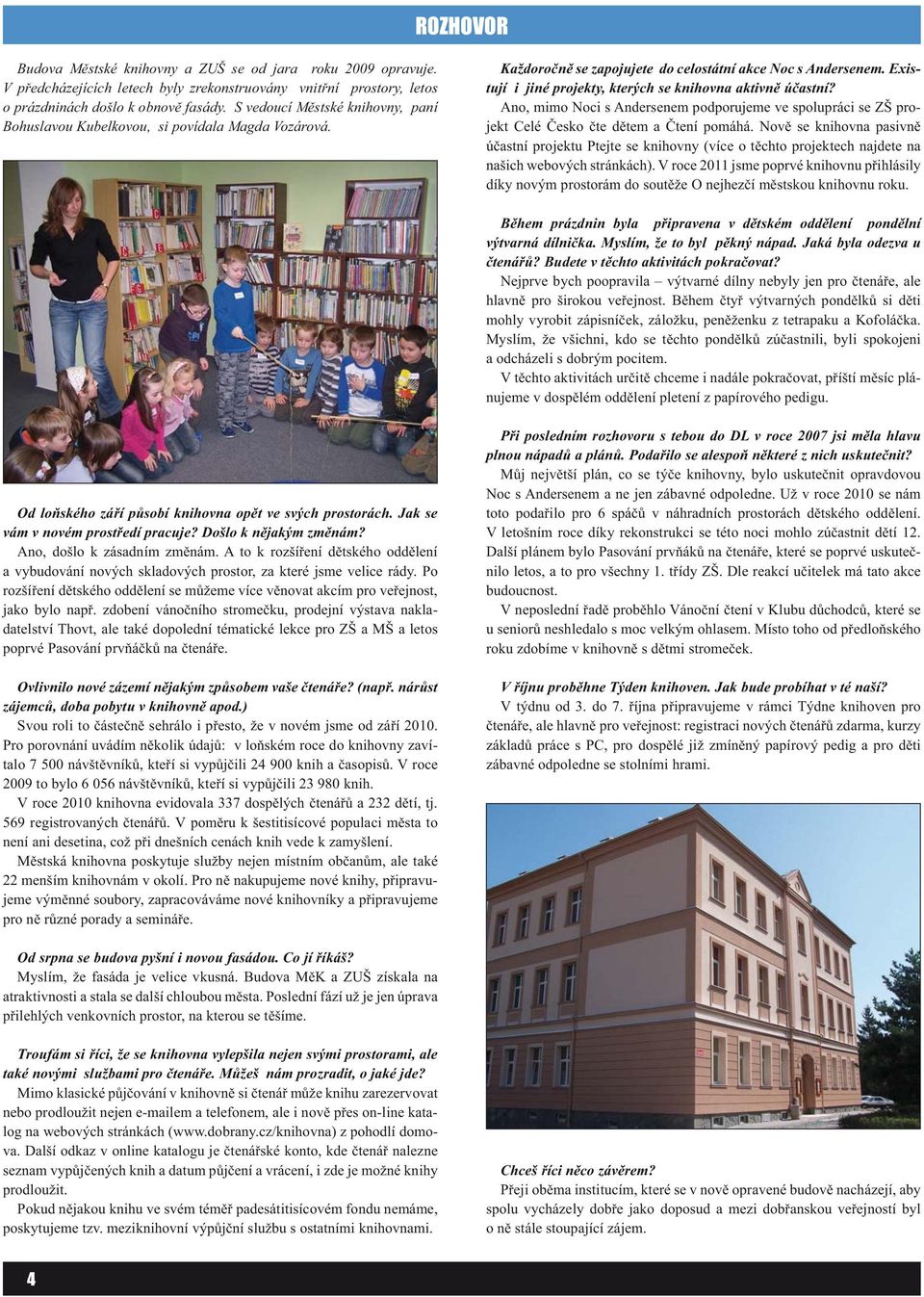Existují i jiné projekty, kterých se knihovna aktivně účastní? Ano, mimo Noci s Andersenem podporujeme ve spolupráci se ZŠ projekt Celé Česko čte dětem a Čtení pomáhá.
