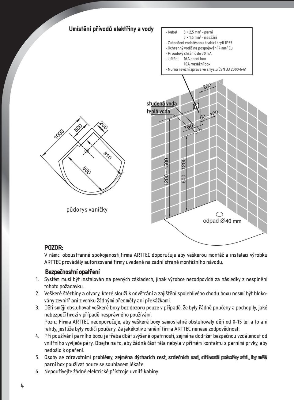 veškerou montáž a instalaci výrobku ARTTEC prováděly autorizované firmy uvedené na zadní straně montážního návodu. Bezpečnostní opatření 1.