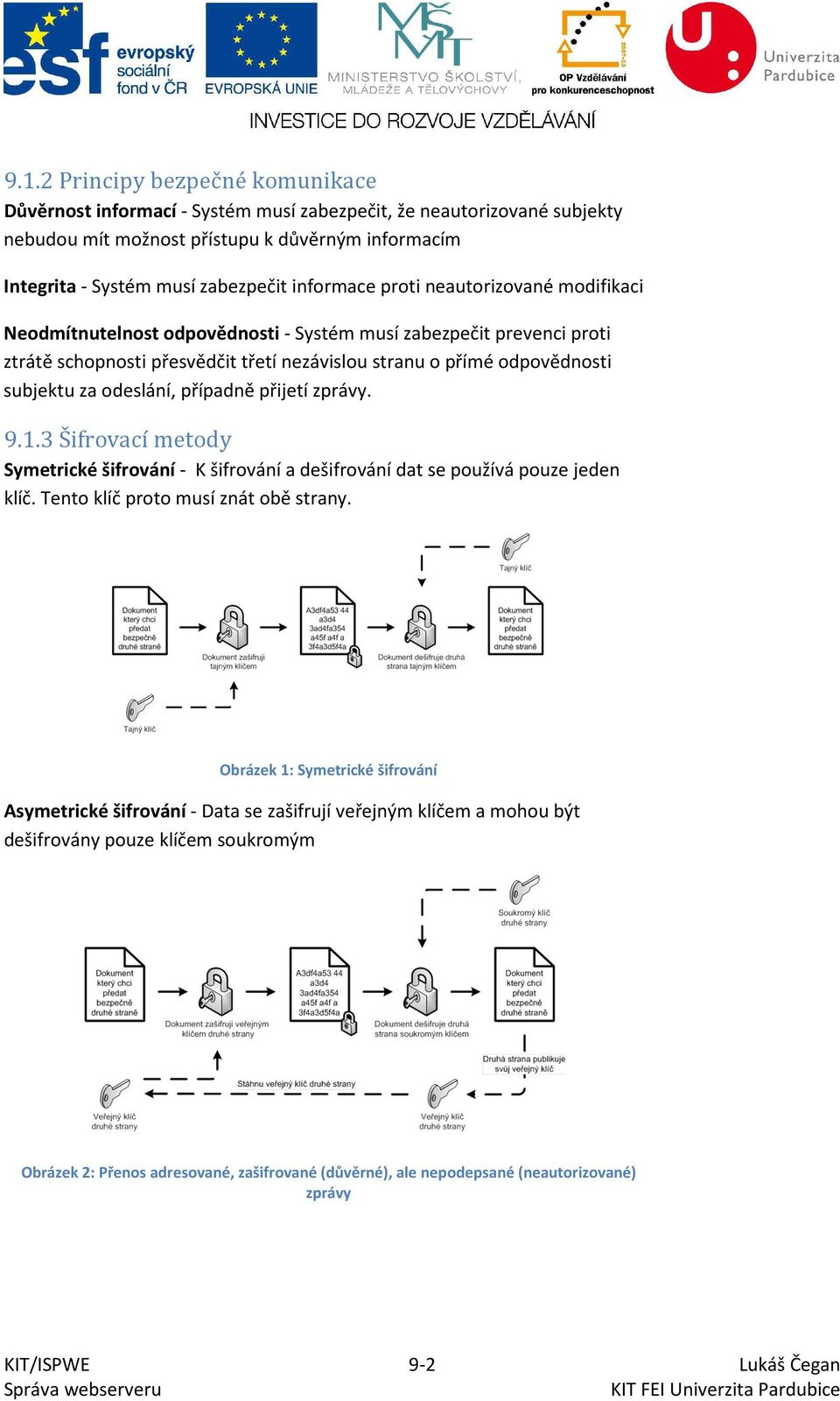 odeslání, případně přijetí zprávy. 9.1.3 Šifrovací metody Symetrické šifrování - K šifrování a dešifrování dat se používá pouze jeden klíč. Tento klíč proto musí znát obě strany.