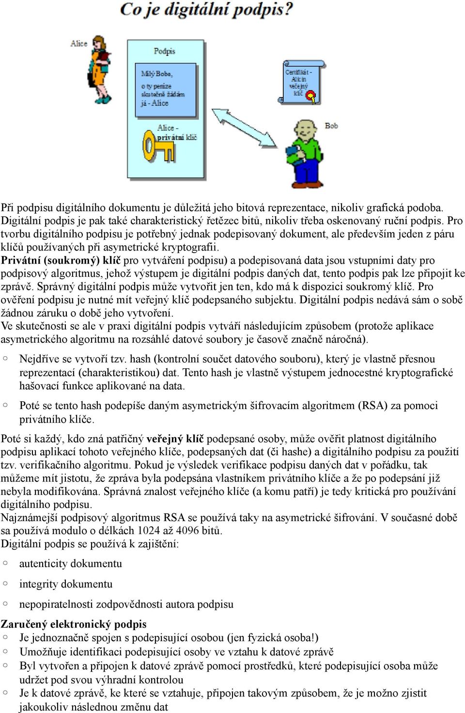 Privátní (soukromý) klíč pro vytváření podpisu) a podepisovaná data jsou vstupními daty pro podpisový algoritmus, jehož výstupem je digitální podpis daných dat, tento podpis pak lze připojit ke