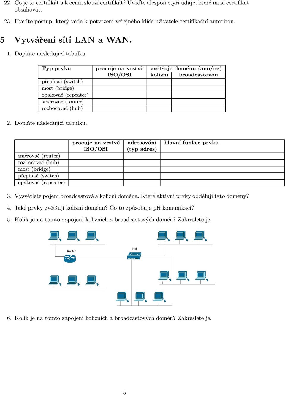 Typ prvku přepínač(switch) most(bridge) opakovač(repeater) směrovač(router) rozbočovač(hub) pracuje na vrstvě zvětšuje doménu(ano/ne) ISO/OSI kolizní broadcastovou 2. Doplňte následující tabulku.