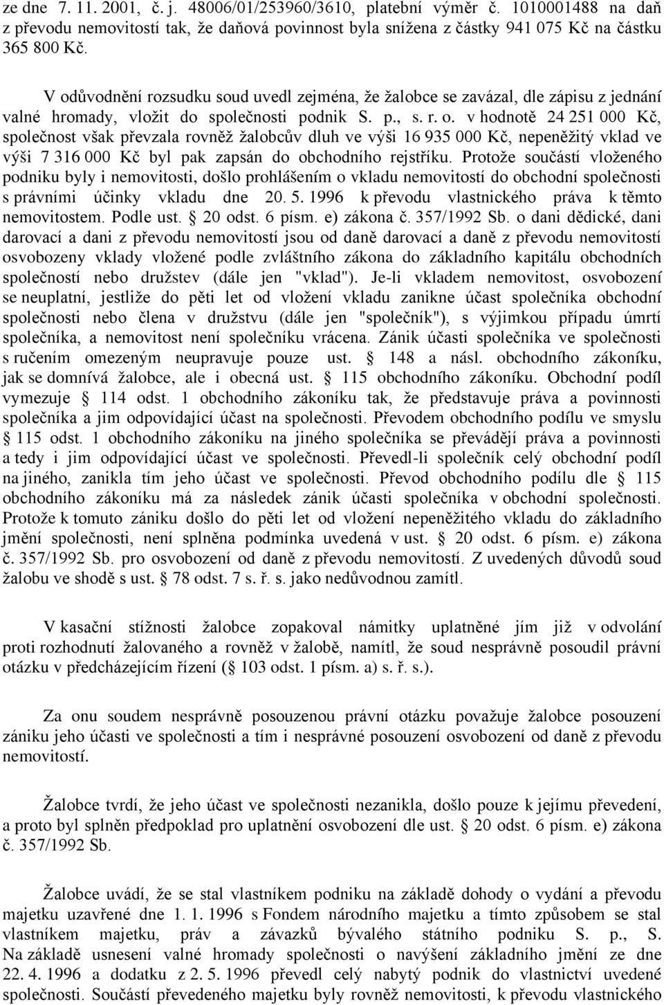 Protože součástí vloženého podniku byly i nemovitosti, došlo prohlášením o vkladu nemovitostí do obchodní společnosti s právními účinky vkladu dne 20. 5.