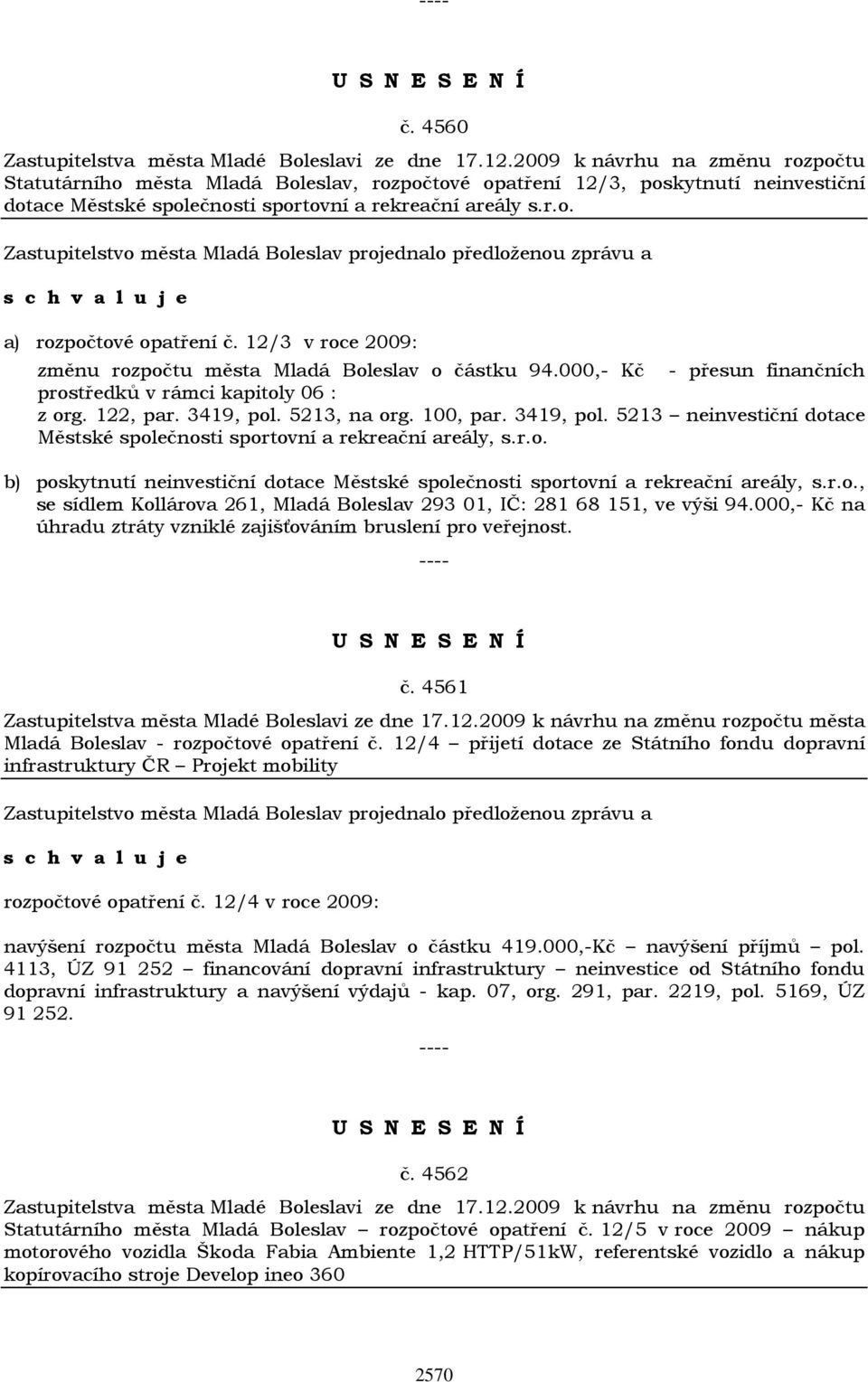12/3 v roce 2009: změnu rozpočtu města Mladá Boleslav o částku 94.000,- Kč - přesun finančních prostředků v rámci kapitoly 06 : z org. 122, par. 3419, pol.