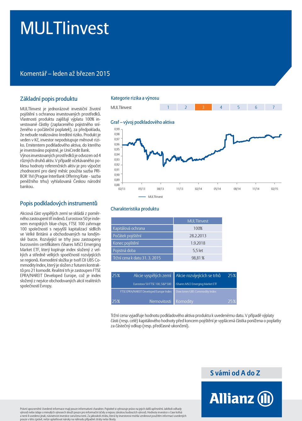 Produkt je veden v Kč, investor nepodstupuje měnové riziko. Emitentem podkladového aktiva, do kterého je investováno pojistné, je UniCredit Bank.