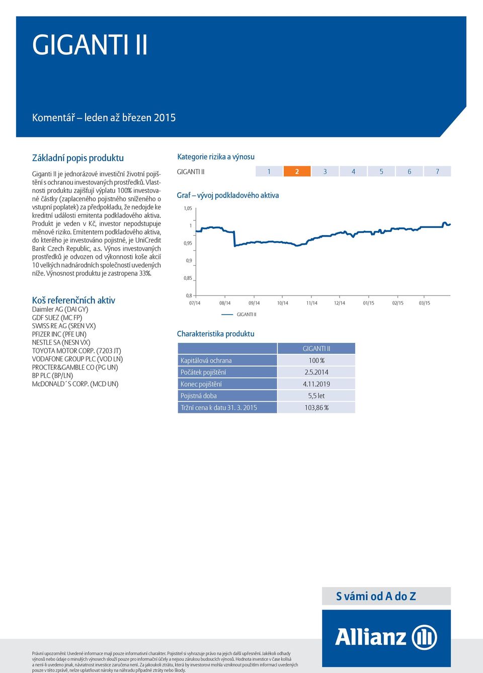 Produkt je veden v Kč, investor nepodstupuje měnové riziko. Emitentem podkladového aktiva, do kterého je investováno pojistné, je UniCredit Bank Czech Republic, a.s. Výnos investovaných prostředků je odvozen od výkonnosti koše akcií 10 velkých nadnárodních společností uvedených níže.