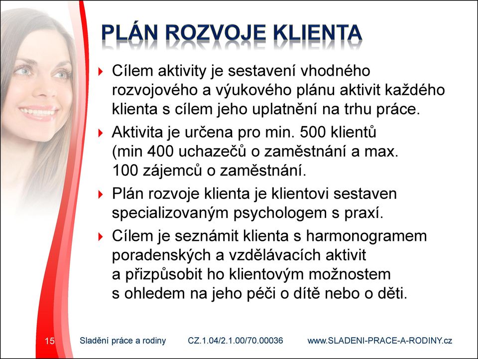 Plán rozvoje klienta je klientovi sestaven specializovaným psychologem s praxí.