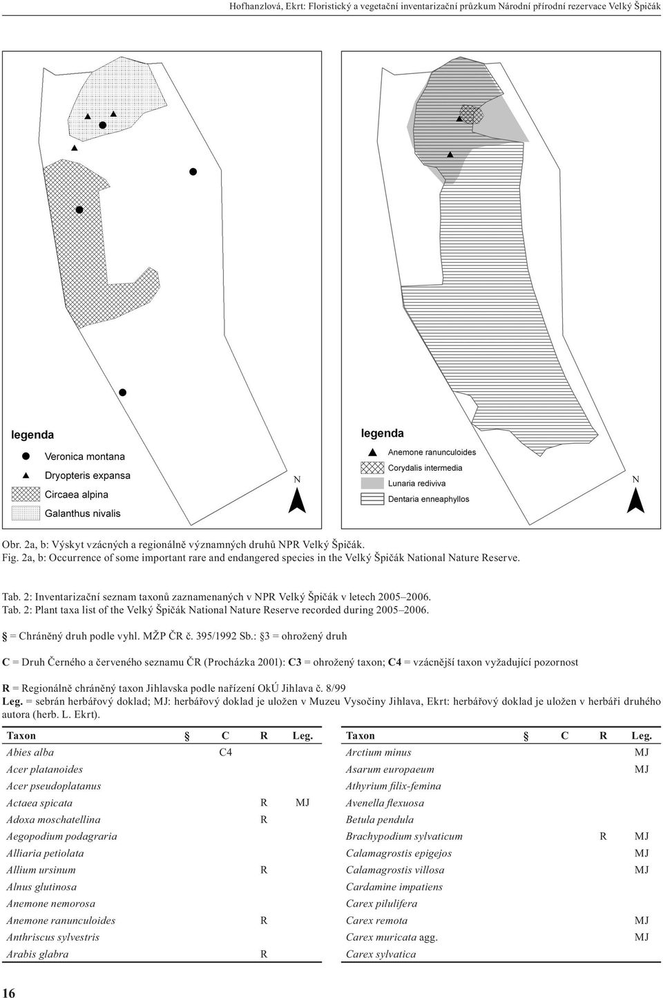 Tab. 2: Plant taxa list of the Velký Špičák National Nature eserve recorded during 2005 2006. = Chráněný druh podle vyhl. MŽP Č č. 395/1992 Sb.