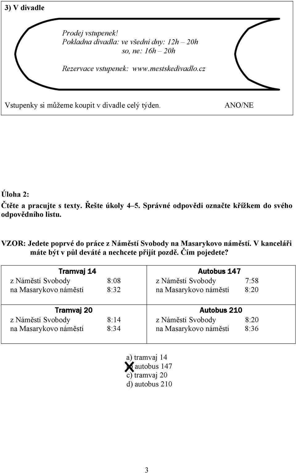 VZOR: Jedete poprvé do práce z Náměstí Svobody na Masarykovo náměstí. V kanceláři máte být v půl deváté a nechcete přijít pozdě. Čím pojedete?