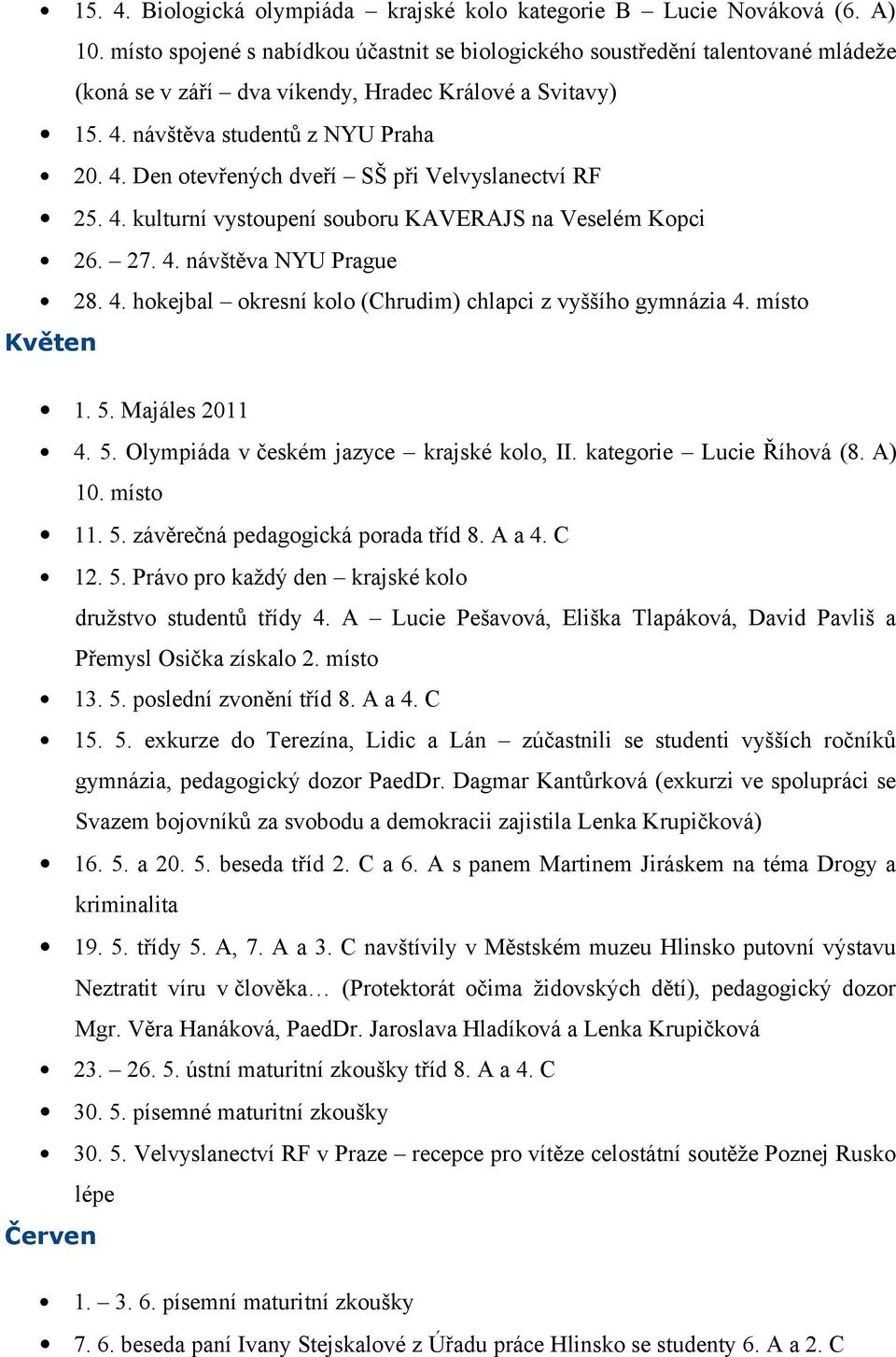 4. kulturní vystoupení souboru KAVERAJS na Veselém Kopci 26. 27. 4. návštěva NYU Prague 28. 4. hokejbal okresní kolo (Chrudim) chlapci z vyššího gymnázia 4. místo Květen 1. 5.