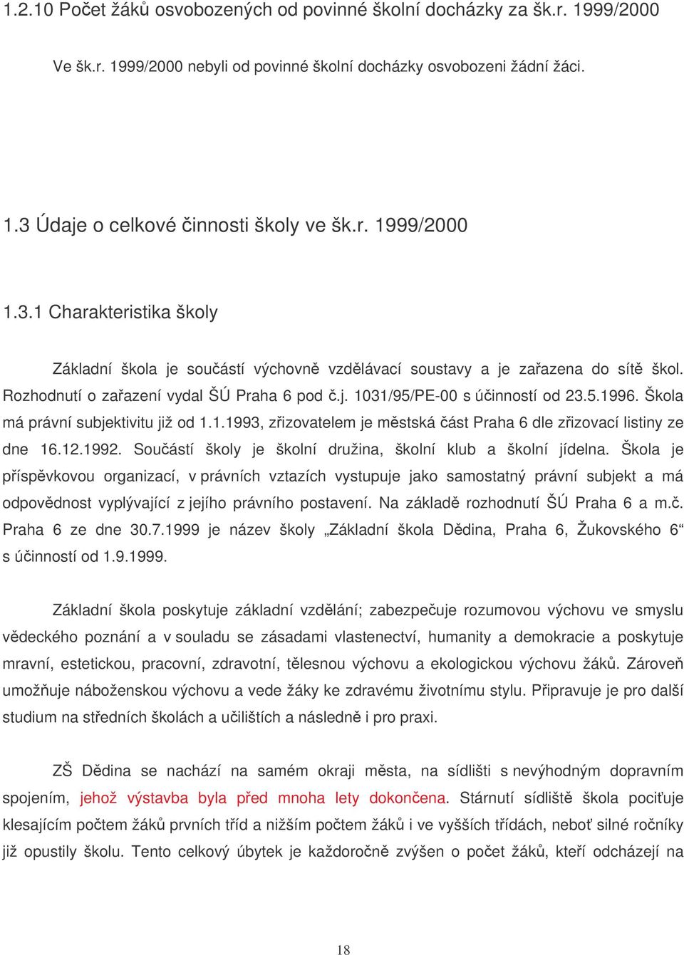 Škola má právní subjektivitu již od 1.1.1993, zizovatelem je mstská ást Praha 6 dle zizovací listiny ze dne 16.12.1992. Souástí školy je školní družina, školní klub a školní jídelna.