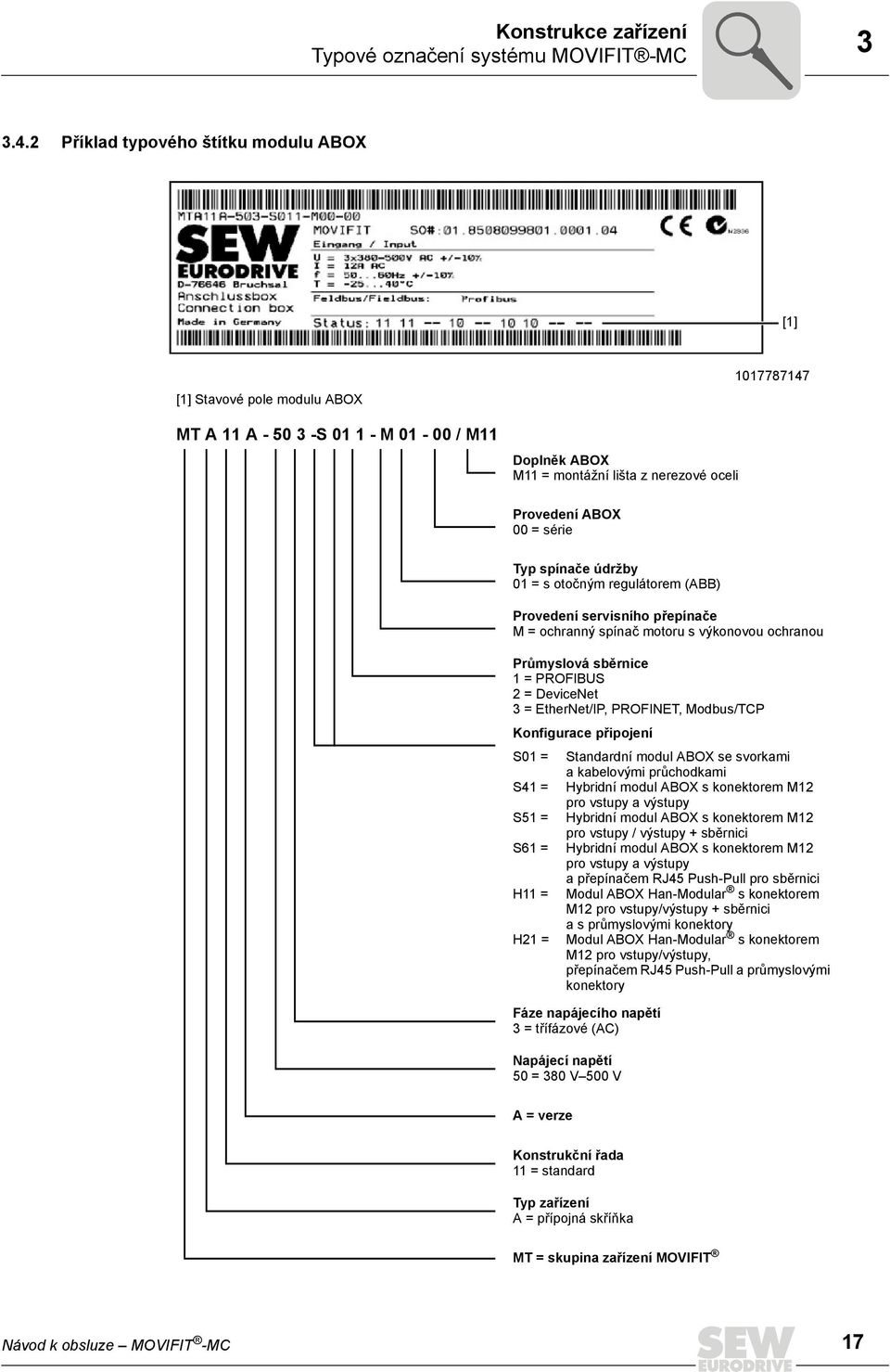 Typ spínače údržby 01 = s otočným regulátorem (ABB) Provedení servisního přepínače M = ochranný spínač motoru s výkonovou ochranou Průmyslová sběrnice 1 = PROFIBUS 2 = DeviceNet 3 = EtherNet/IP,
