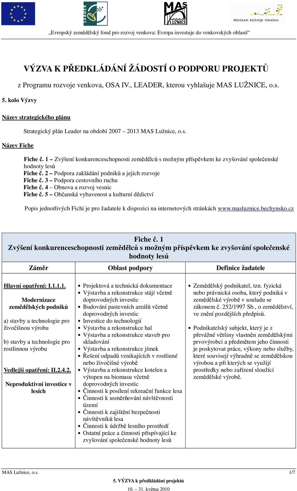 1 Zvýšení konkurenceschopnosti zemědělců s možným příspěvkem ke zvyšování společenské hodnoty lesů Fiche č. 2 Podpora zakládání podniků a jejich rozvoje Fiche č. 3 Podpora cestovního ruchu Fiche č.