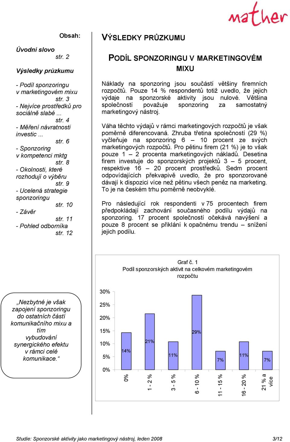 12 VÝSLEDKY PRŮZKUMU PODÍL SPONZORINGU V MARKETINGOVÉM MIXU Náklady na sponzoring jsou součástí většiny firemních rozpočtů.