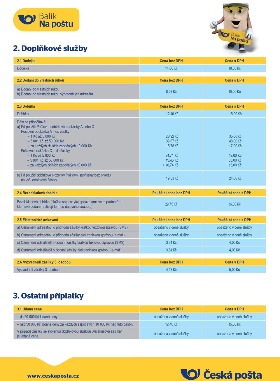 3 Dobírka Cena bez DPH Cena s DPH Dobírka 12,40 Kč 15,00 Kč Dále se připočítává: a) Při použití Poštovní dobírkové poukázky A nebo C Pošt ovní poukázka A do částky 1 Kč až 5 000 Kč 5 001 Kč až 50 000