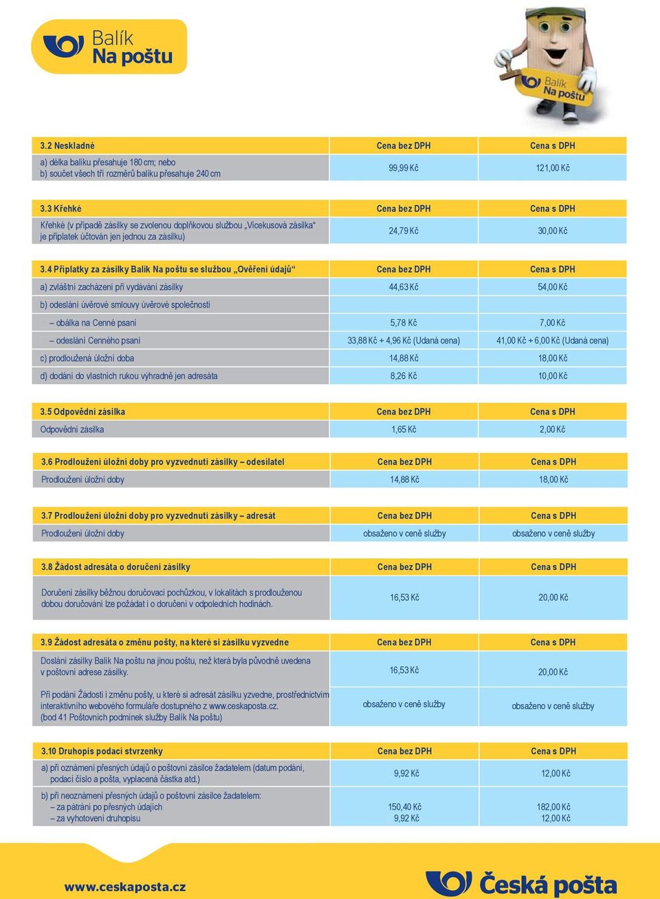 4 Příplatky za zásilky Balík Na poštu se službou Ověření údajů Cena bez DPH Cena s DPH a) zvláštní zacházení při vydávání zásilky 44,63 Kč 54,00 Kč b) odeslání úvěrové smlouvy úvěrové společnosti