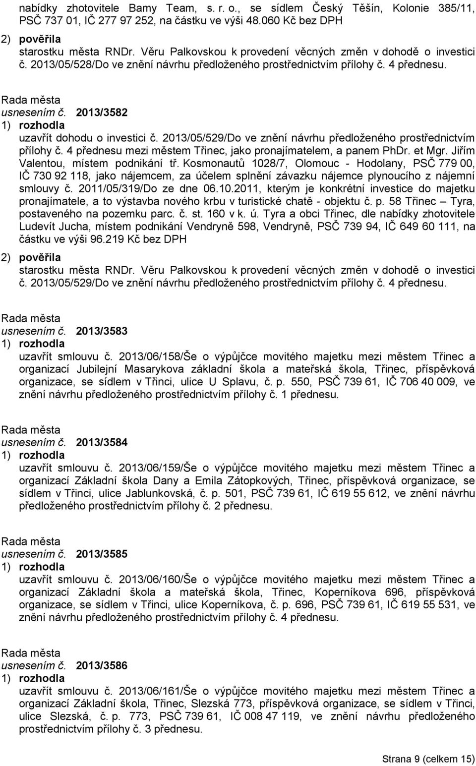 2013/05/529/Do ve znění návrhu předloženého prostřednictvím přílohy č. 4 přednesu mezi městem Třinec, jako pronajímatelem, a panem PhDr. et Mgr. Jiřím Valentou, místem podnikání tř.