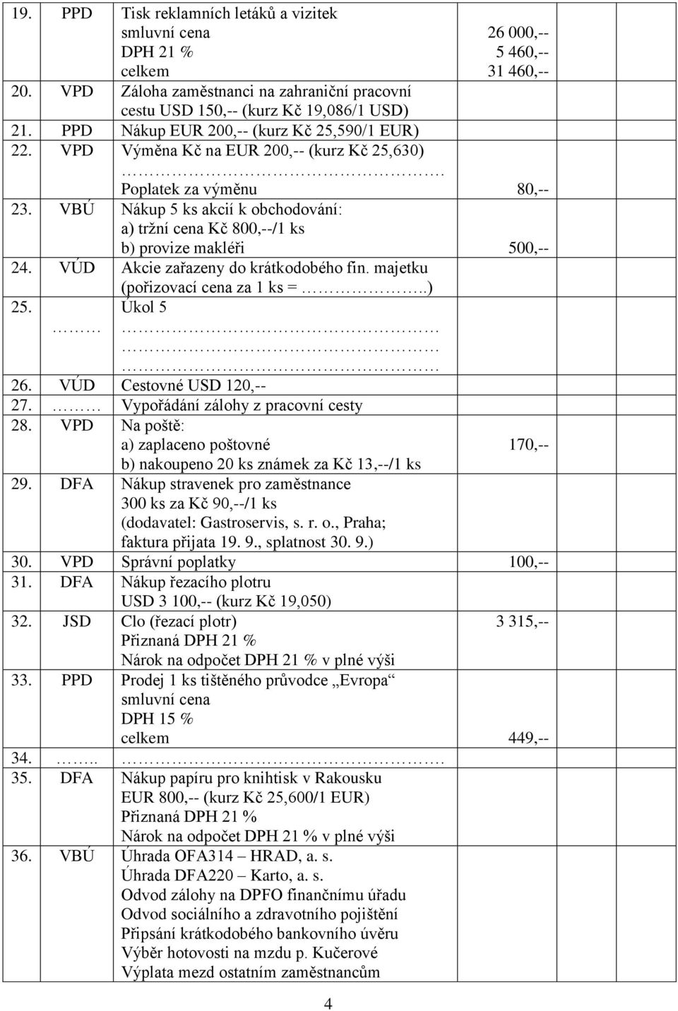 VBÚ Nákup 5 ks akcií k obchodování: a) tržní cena Kč 800,--/1 ks b) provize makléři 500,-- 24. VÚD Akcie zařazeny do krátkodobého fin. majetku (pořizovací cena za 1 ks =..) 25. Úkol 5 26.