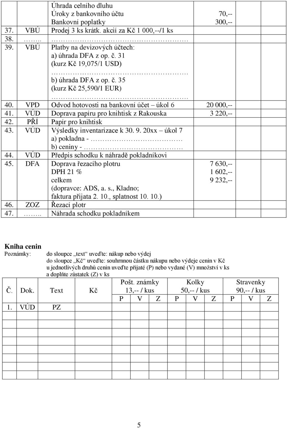 PŘÍ Papír pro knihtisk 43. VÚD Výsledky inventarizace k 30. 9. 20xx úkol 7 a) pokladna - b) ceniny - 44. VÚD Předpis schodku k náhradě pokladníkovi 45.