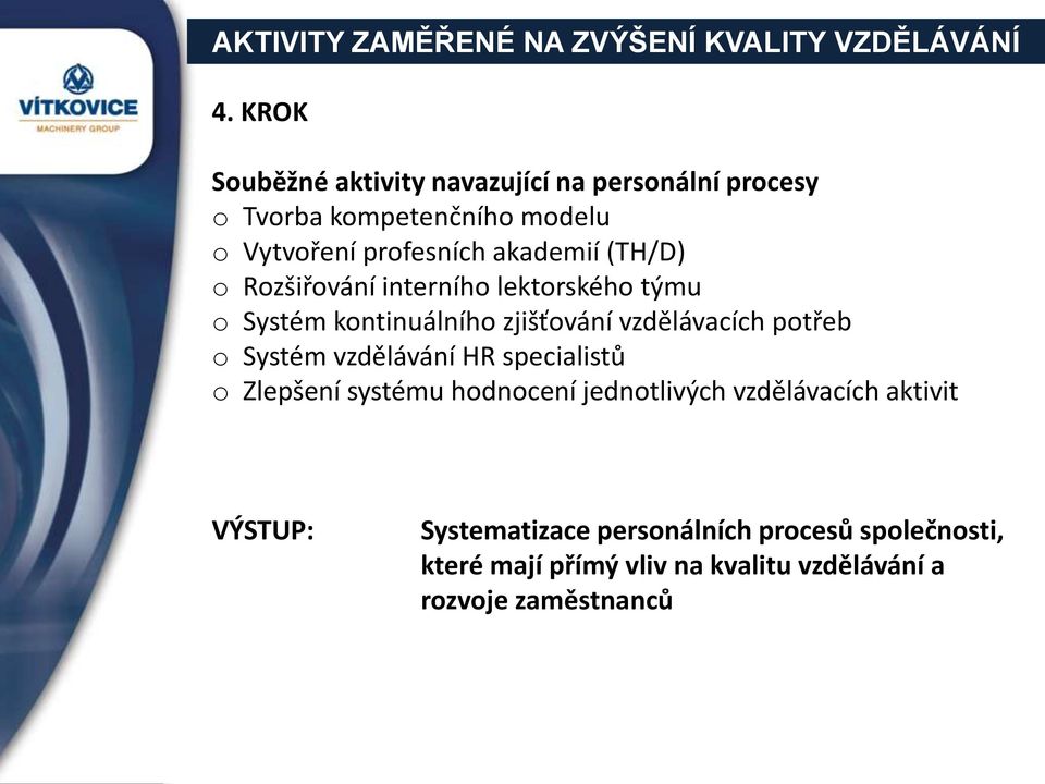 (TH/D) o Rozšiřování interního lektorského týmu o Systém kontinuálního zjišťování vzdělávacích potřeb o Systém vzdělávání