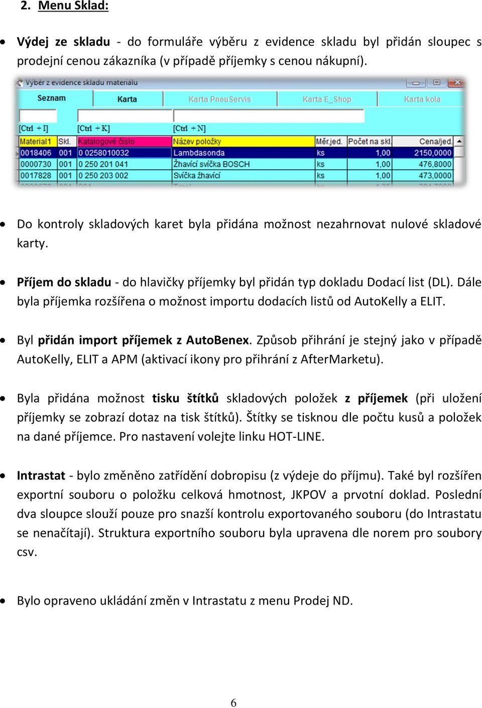 Dále byla příjemka rozšířena o možnost importu dodacích listů od AutoKelly a ELIT. Byl přidán import příjemek z AutoBenex.