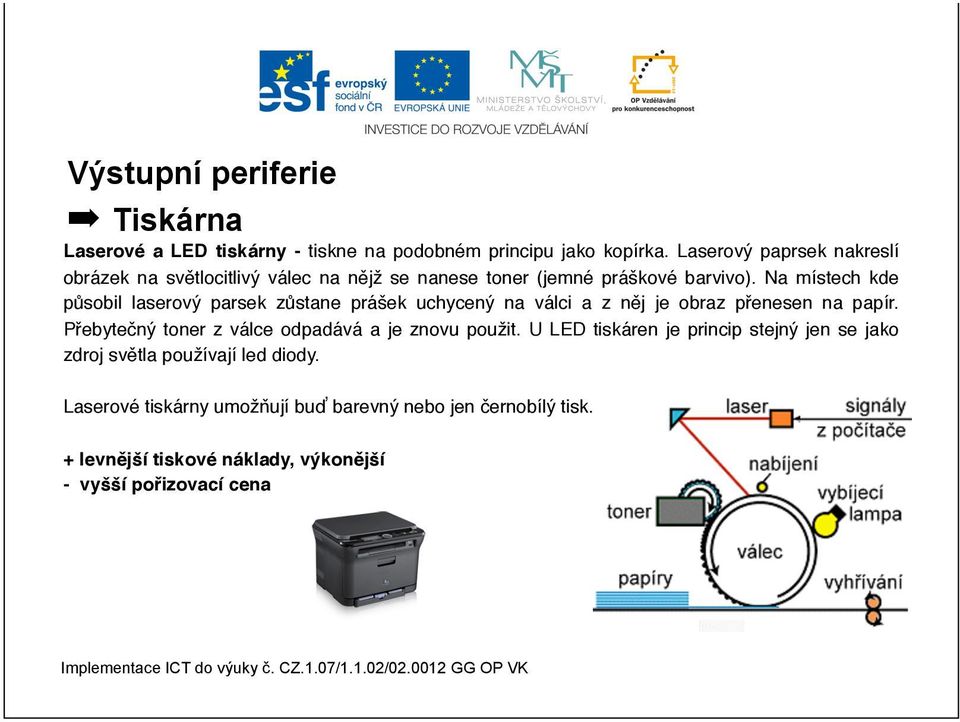 Na místech kde působil laserový parsek zůstane prášek uchycený na válci a z něj je obraz přenesen na papír.