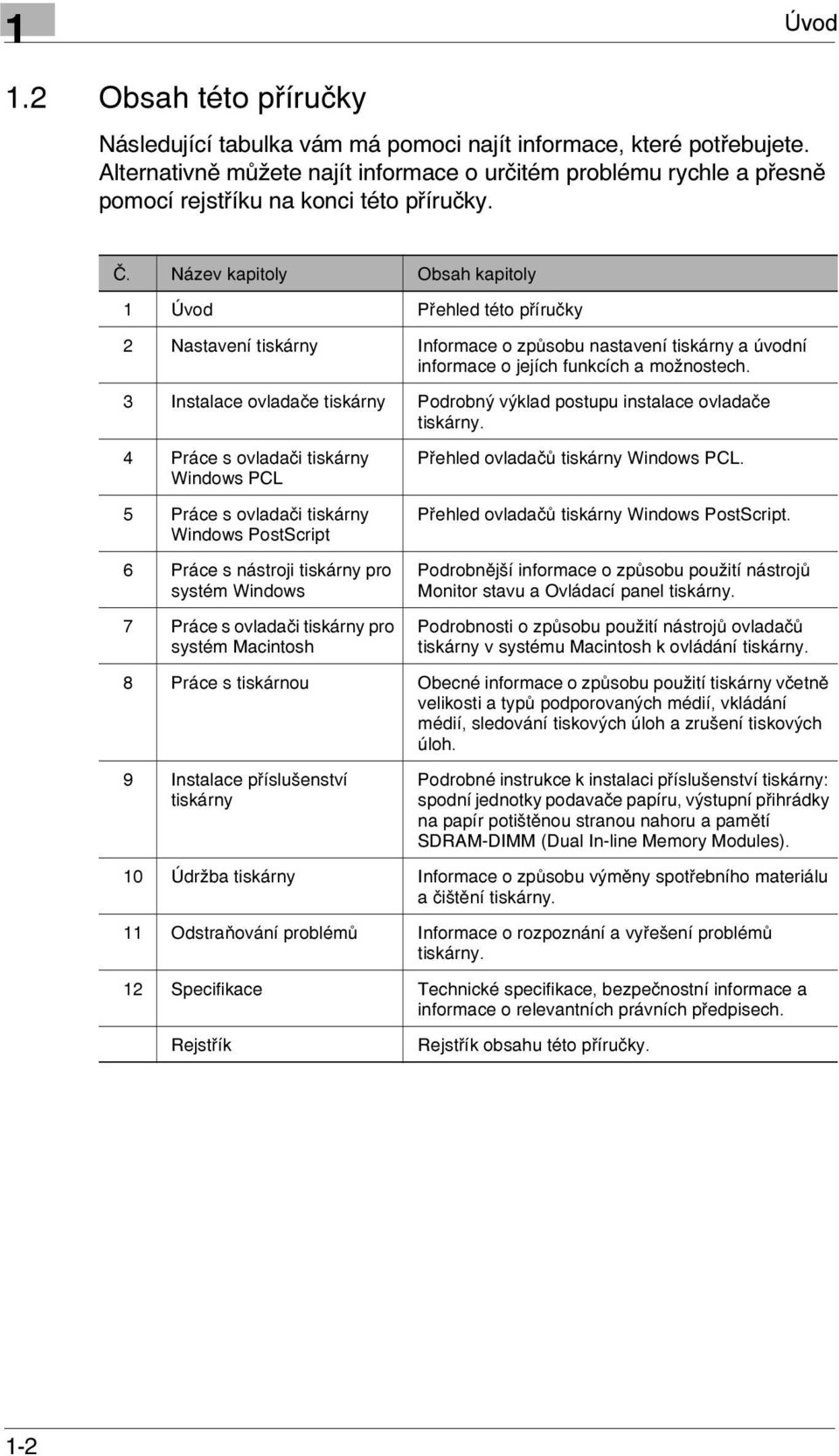 Název kapitoly Obsah kapitoly 1 Úvod Přehled této příručky 2 Nastavení tiskárny Informace o způsobu nastavení tiskárny a úvodní informace o jejích funkcích a možnostech.