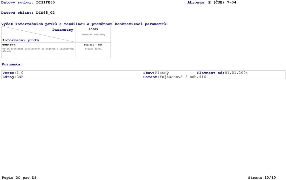 a vkladových účtech P0009 Jednotka veličiny Položka : CZK Koruna česká Verze: 1.