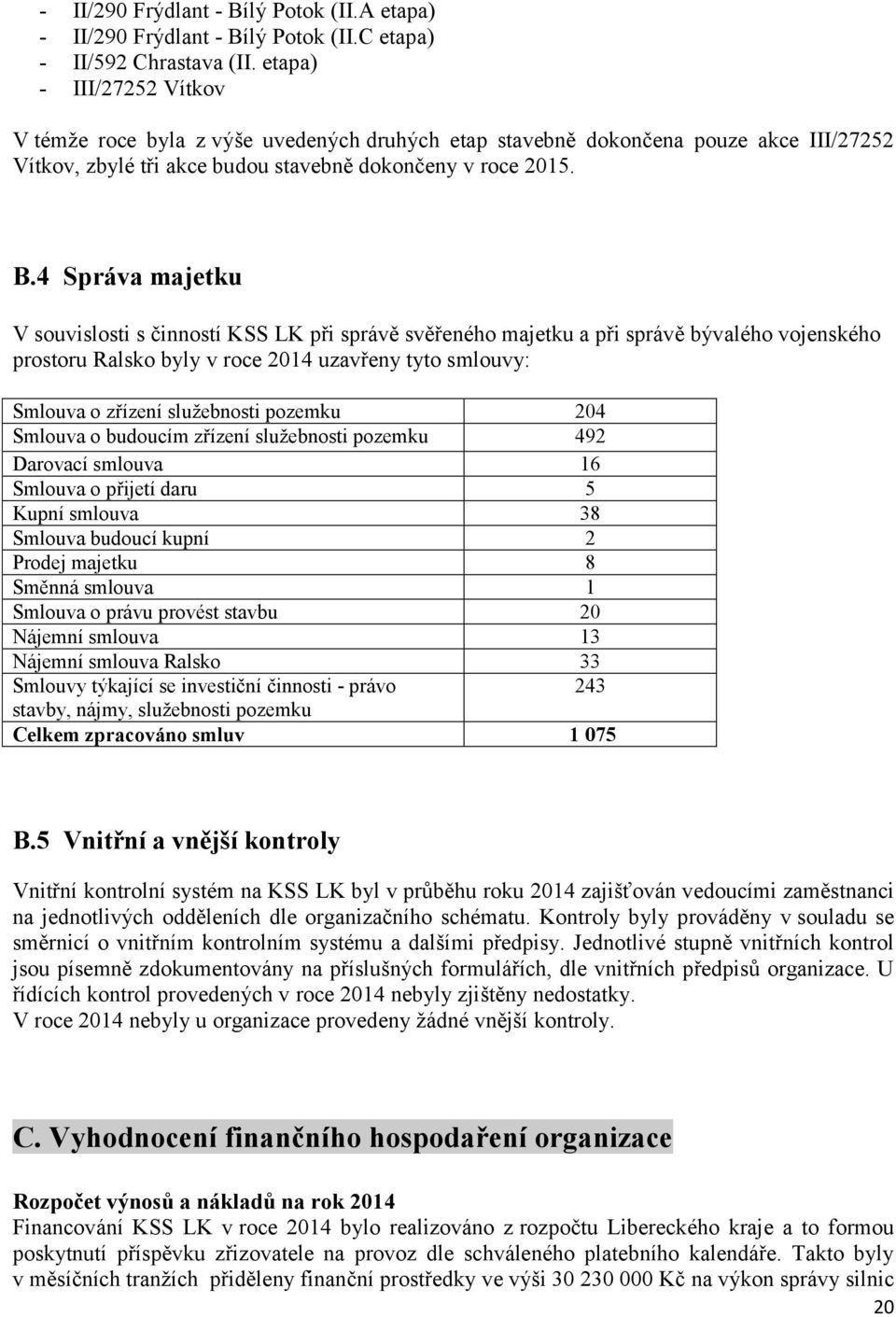 4 Správa majetku V souvislosti s činností KSS LK při správě svěřeného majetku a při správě bývalého vojenského prostoru Ralsko byly v roce 2014 uzavřeny tyto smlouvy: Smlouva o zřízení služebnosti