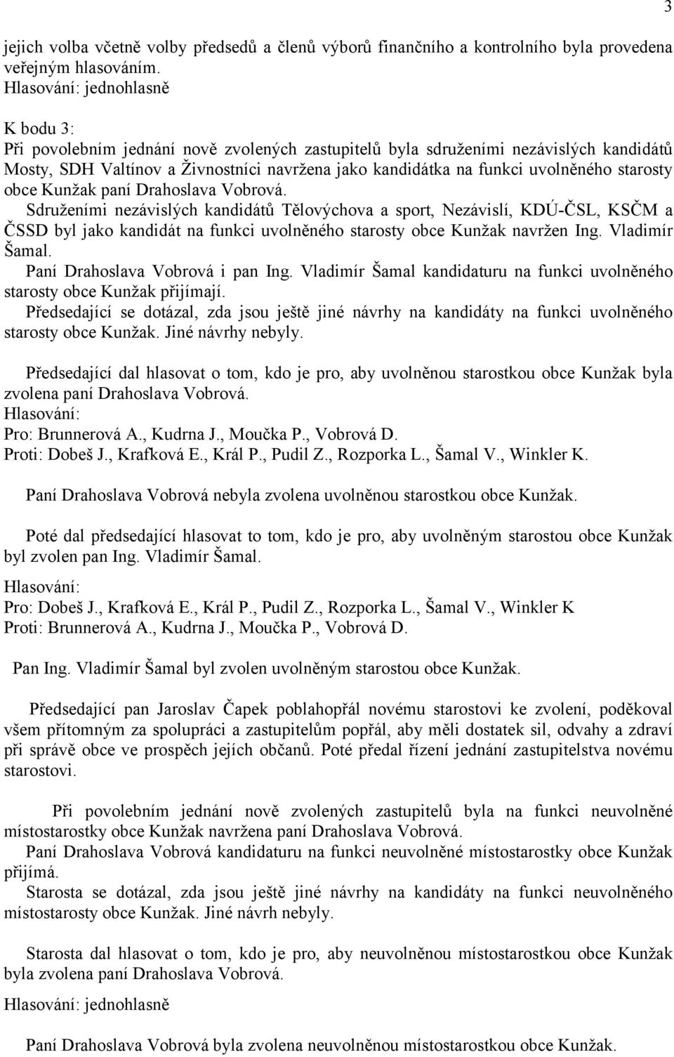 paní Drahoslava Vobrová. Sdruženími nezávislých kandidátů Tělovýchova a sport, Nezávislí, KDÚ-ČSL, KSČM a ČSSD byl jako kandidát na funkci uvolněného starosty obce Kunžak navržen Ing. Vladimír Šamal.