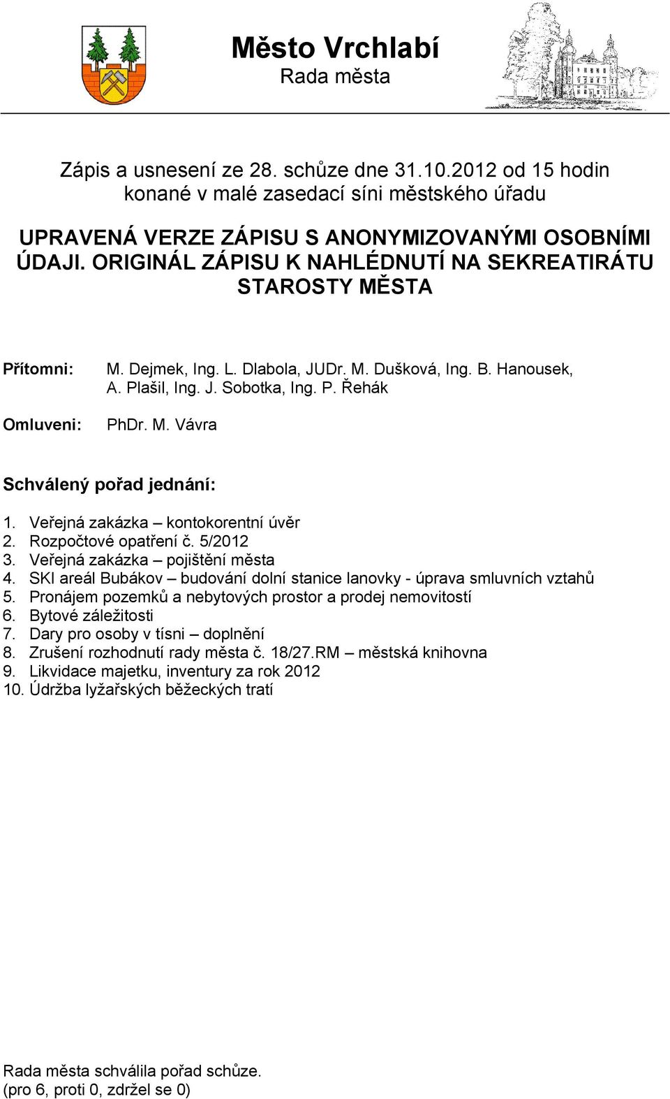 Veřejná zakázka kontokorentní úvěr 2. Rozpočtové opatření č. 5/2012 3. Veřejná zakázka pojištění města 4. SKI areál Bubákov budování dolní stanice lanovky - úprava smluvních vztahů 5.